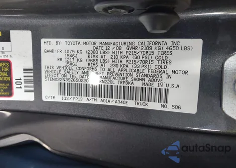 2009 Toyota Tacoma from USA, damaged, VIN 5TENX22N39Z650220